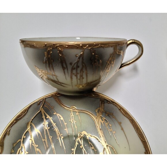 Made in Japan Hand Painted 2 Cups with Saucers Bone China Gold Ivory Grey Birds - Picture 7 of 12